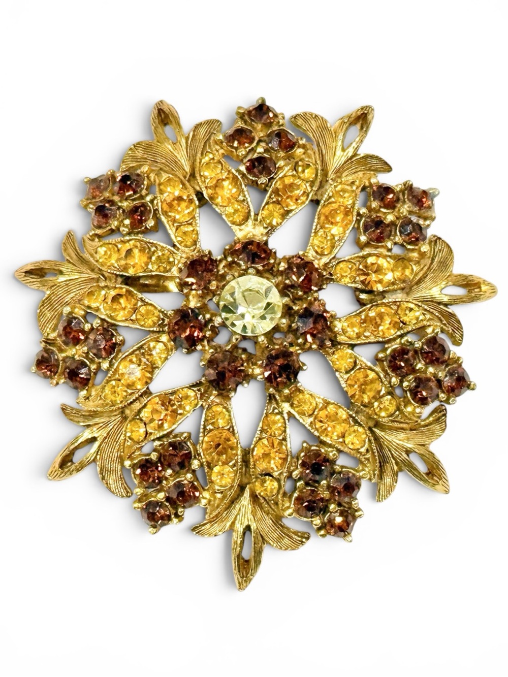 Vintage Florenza Brooch with Brown and Amber Colored Crystal Rhinestones